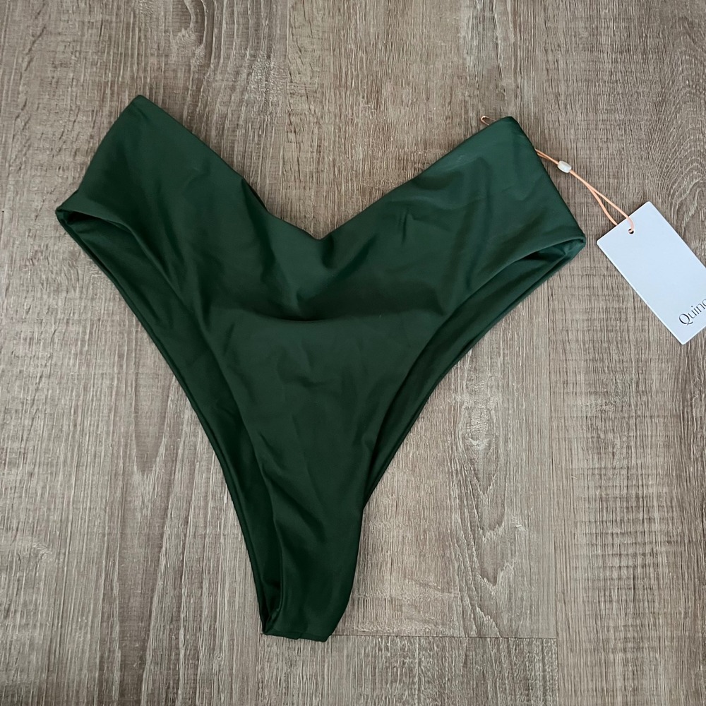NWT Quince Italian V Cut High Leg Bikini Bottom Medium Palm Green Vacation Swim